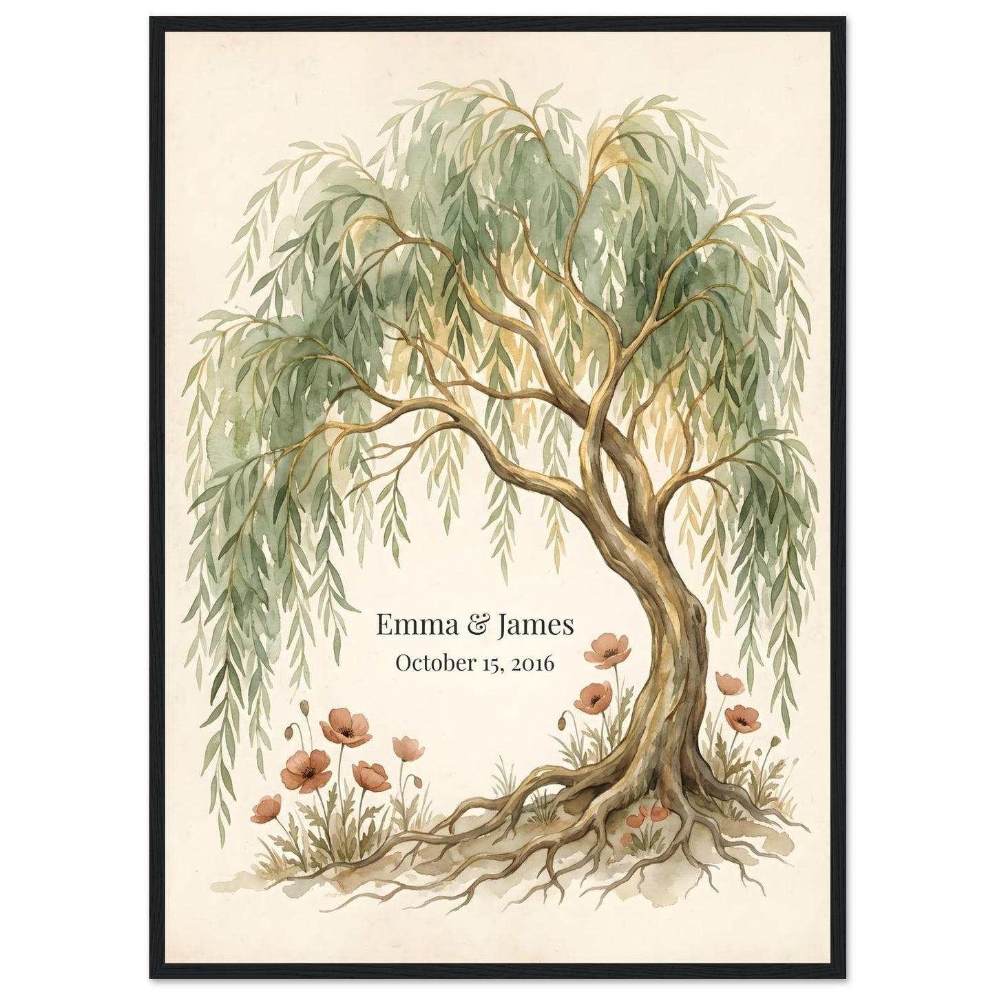 Personalized Willow Tree 9th Anniversary Wall Art - 50x70 cm / 20x28″ - Black frame / Ready-to-hang - Sparkycare