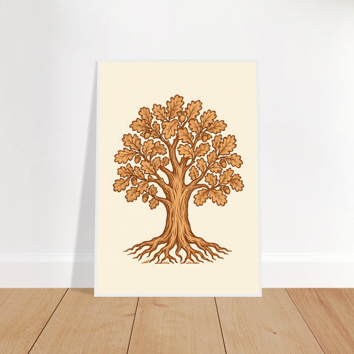 Oak tree print in leather tones in a white frame