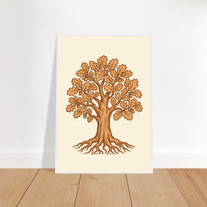 Oak tree print in leather tones in a white frame