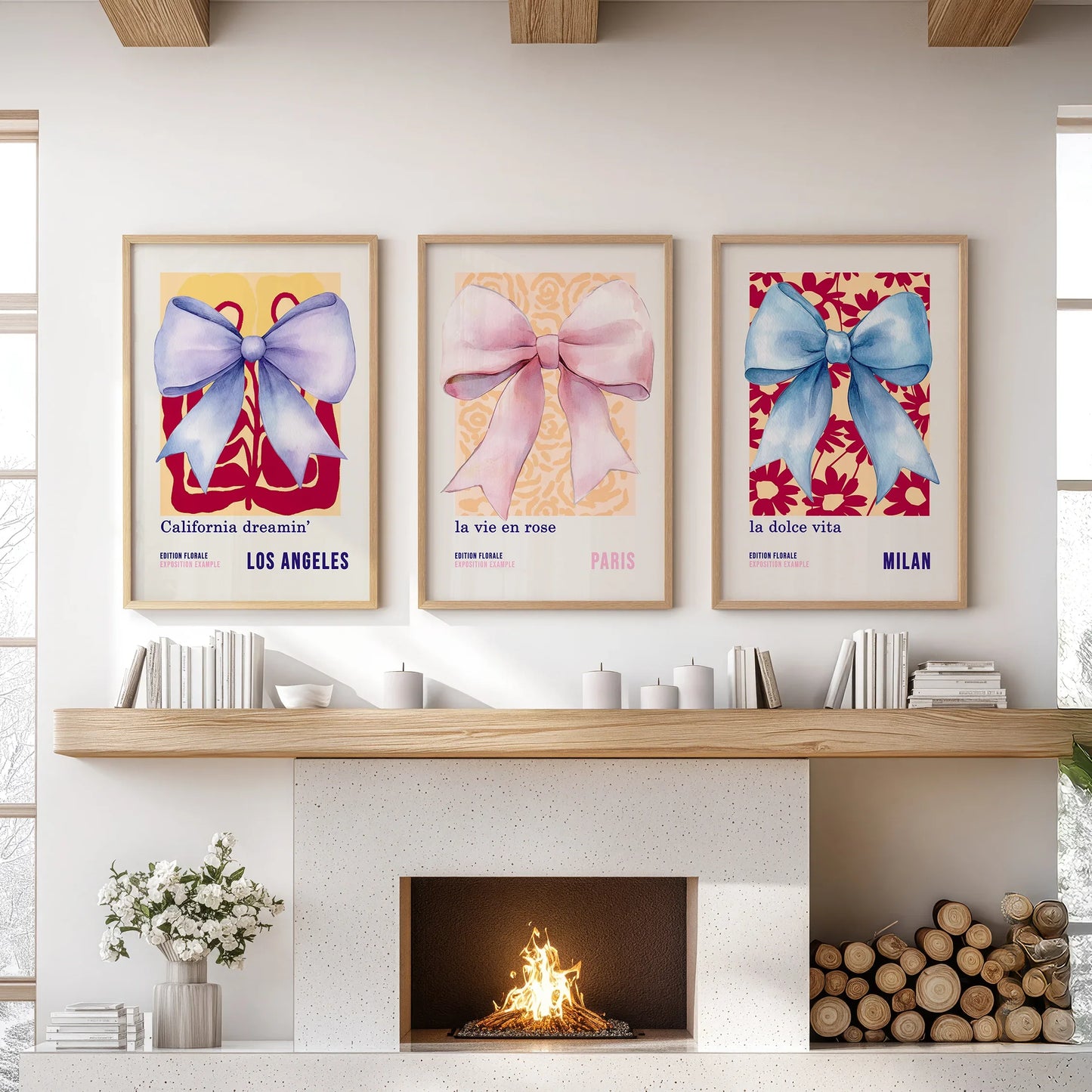Girly Bow Wall Art Set of 3 Preppy Pastel Prints