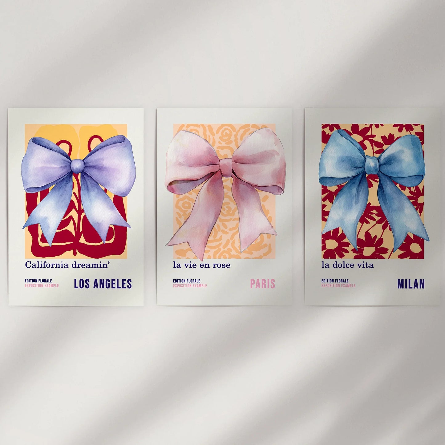 Girly Bow Wall Art Set of 3 Preppy Pastel Prints