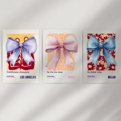Girly Bow Wall Art Set of 3 Preppy Pastel Prints