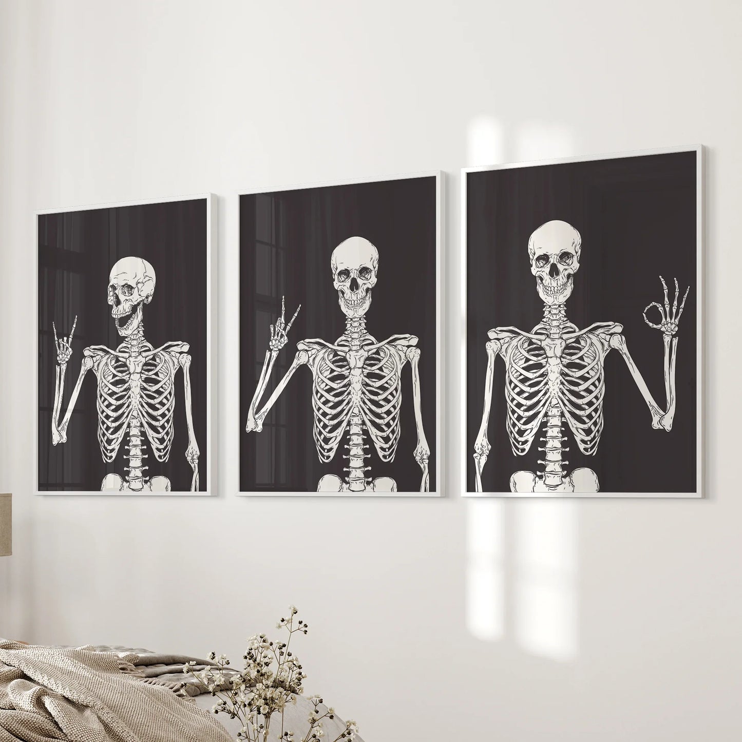 Skeleton Wall Art Set of 3 Black Gothic Prints