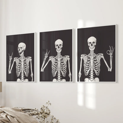 Skeleton Wall Art Set of 3 Black Gothic Prints