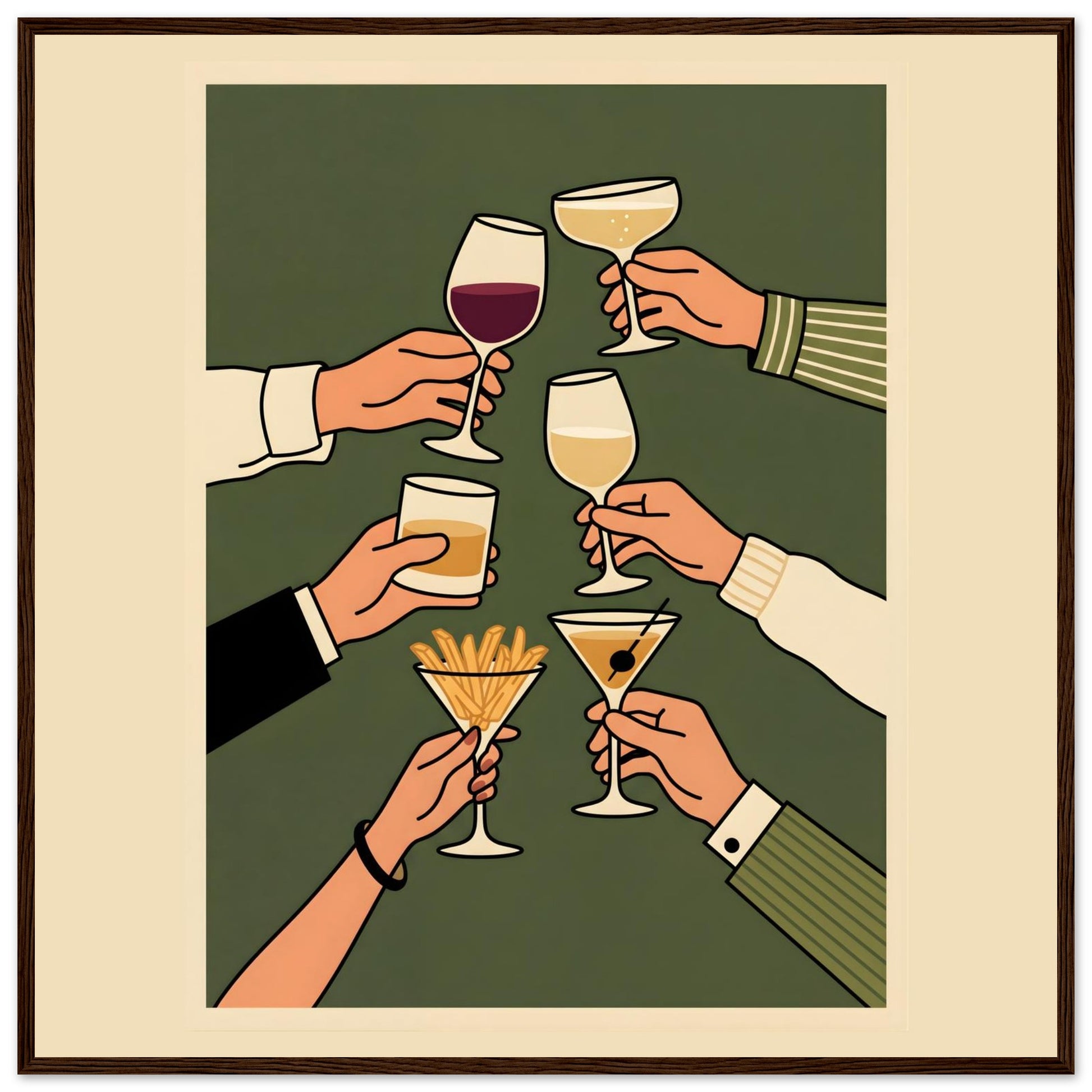Retro Cheers Cocktail Toast Wall Art, Framed Bar Decor - 70x70 cm / 28x28″ - Dark wood frame / Ready-to-hang - Sparkycare