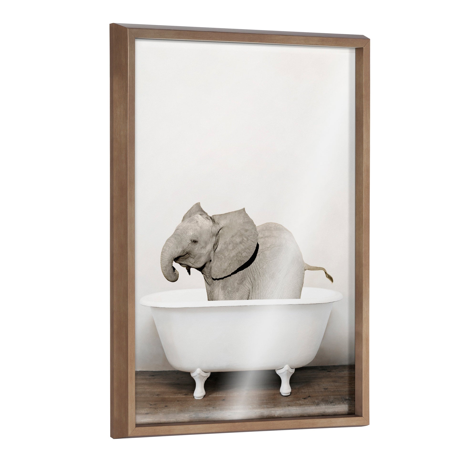 Baby elephant in the tub framed glass wall art for a bathroom