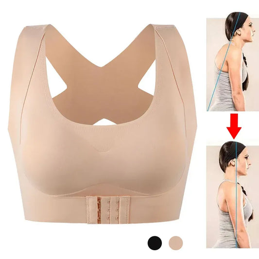 Beige compression garment with before and after images showing improved posture.