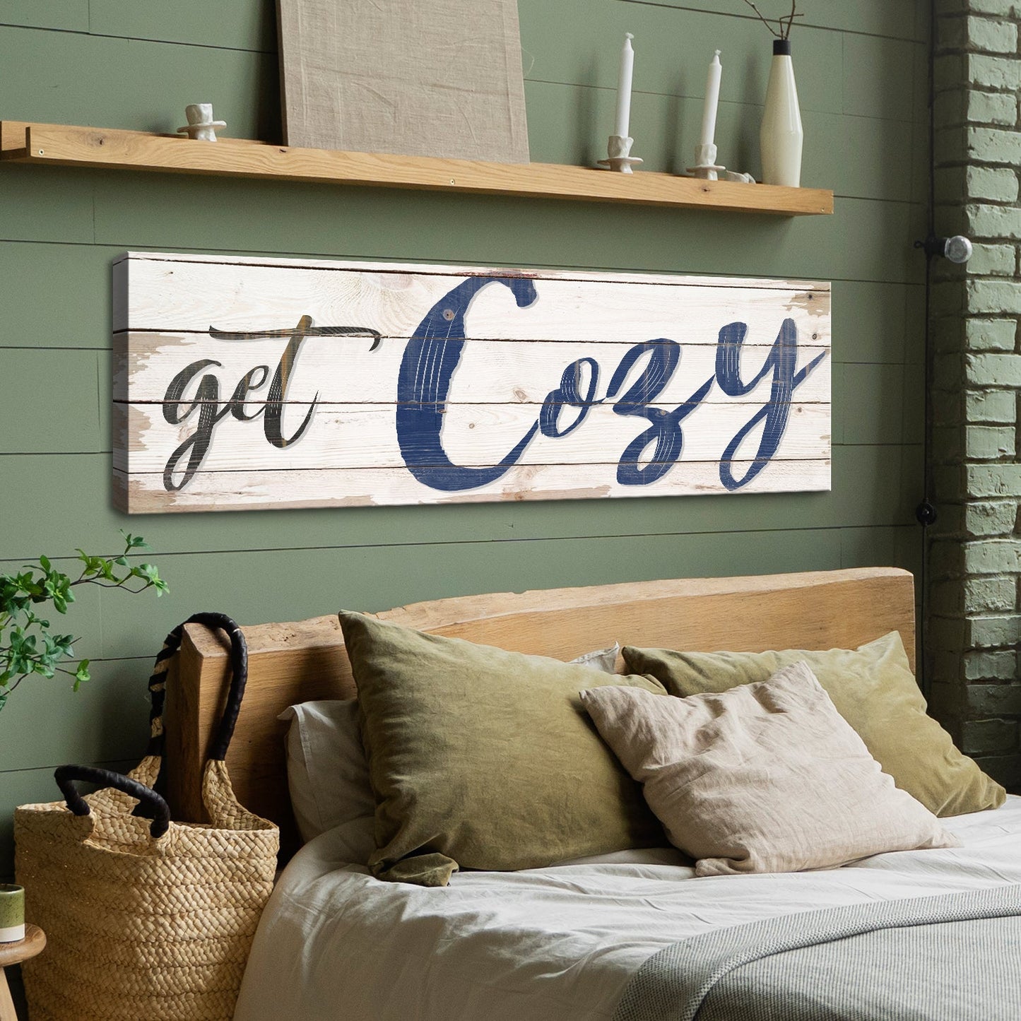 Rustic Get Cozy canvas wall art sign for cabin and farmhouse bedroom decor