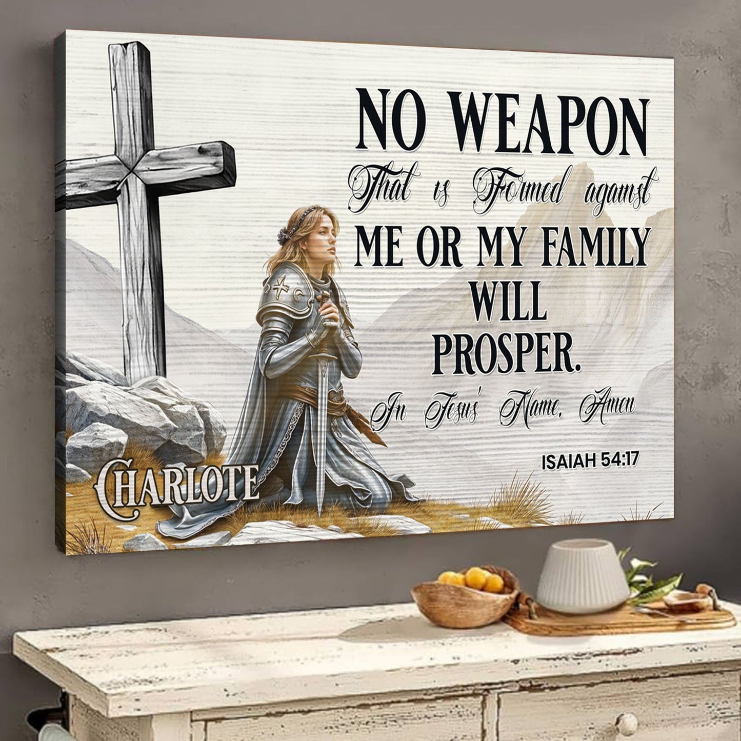 Isaiah 54:17 no weapon formed faith canvas wall art scripture