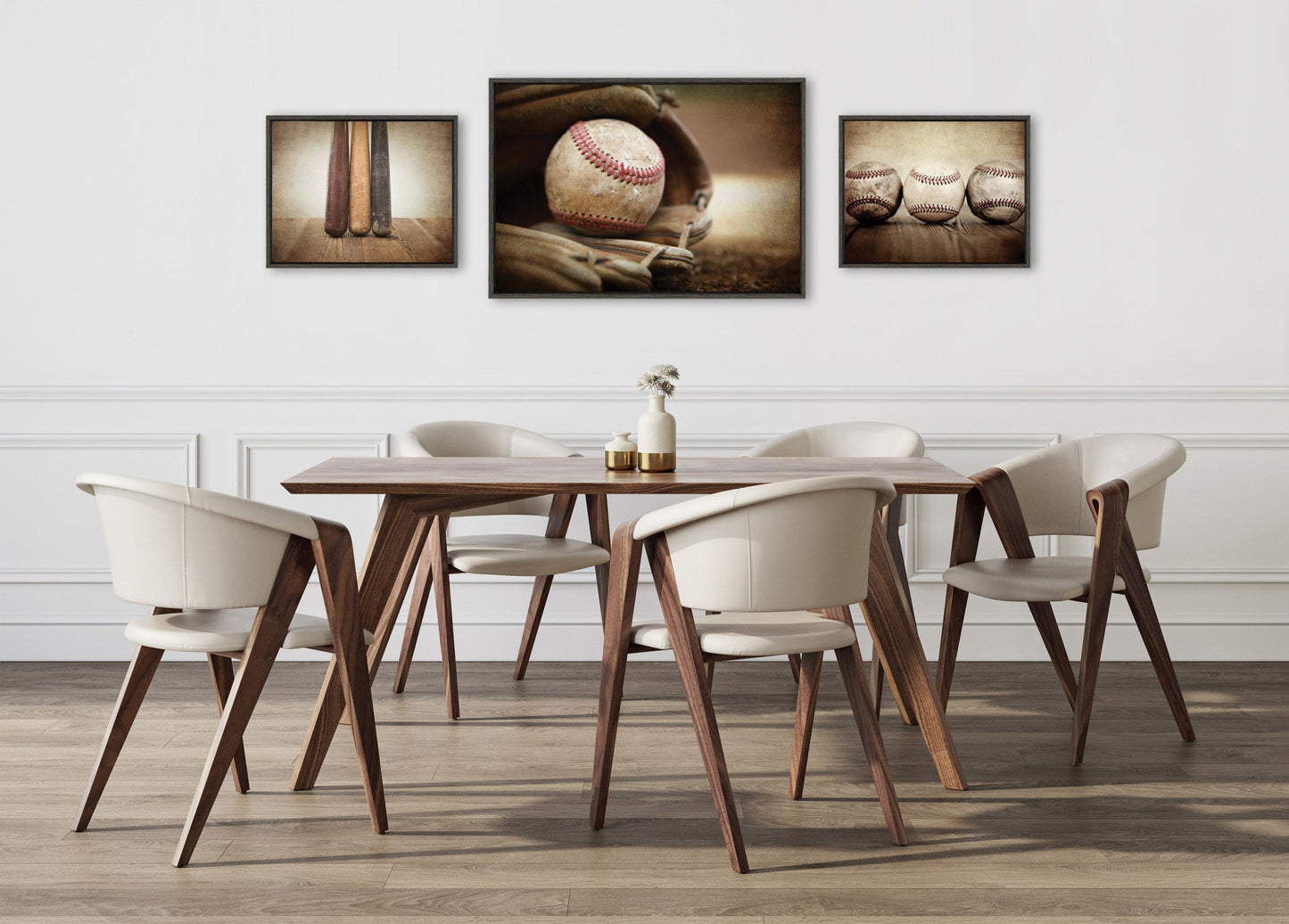 Sylvie Three Vintage Bats, Baseball Glove at Home Plate and Three Vintage Baseballs Framed Canvas Art Set by Saint and Sailor Studios
