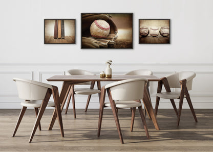 Sylvie Three Vintage Bats, Baseball Glove at Home Plate and Three Vintage Baseballs Framed Canvas Art Set by Saint and Sailor Studios