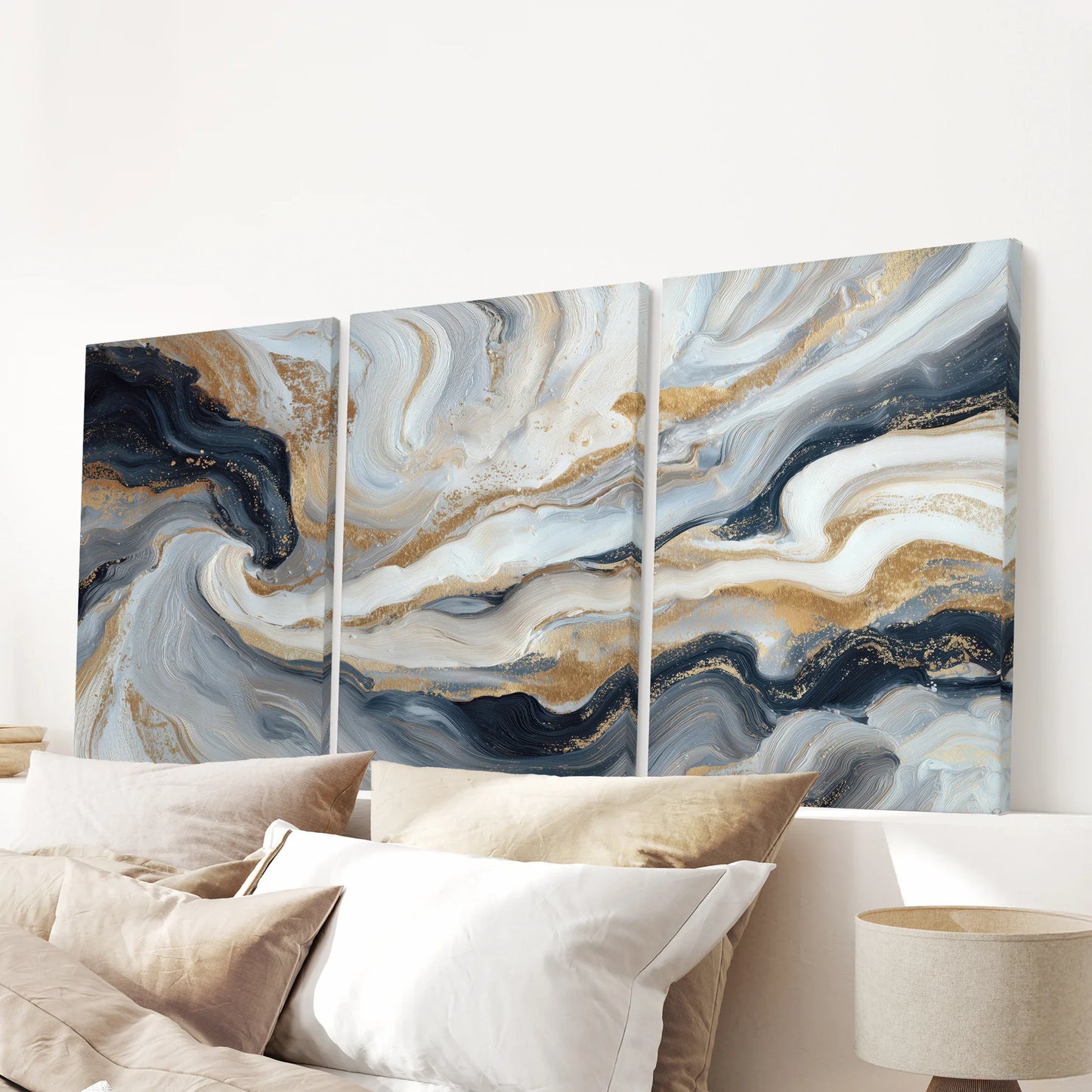 Marble Abstract Wall Art Set of 3 Navy Blue and Gold Prints