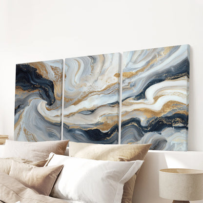 Marble Abstract Wall Art Set of 3 Navy Blue and Gold Prints