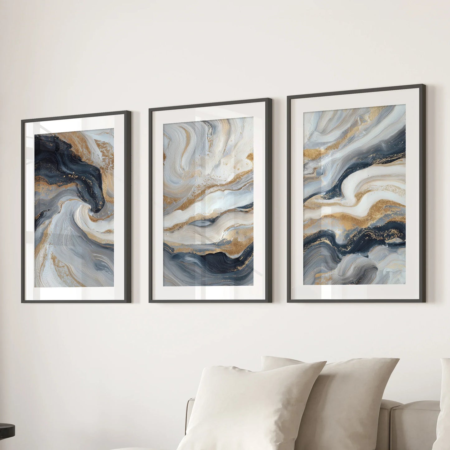 Marble Abstract Wall Art Set of 3 Navy Blue and Gold Prints