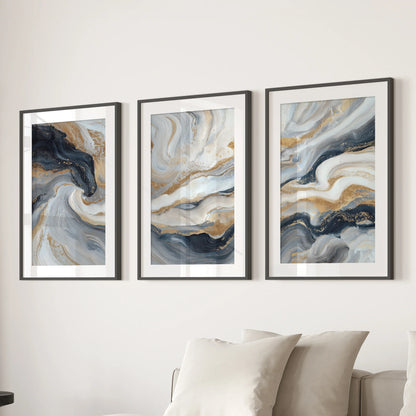 Marble Abstract Wall Art Set of 3 Navy Blue and Gold Prints