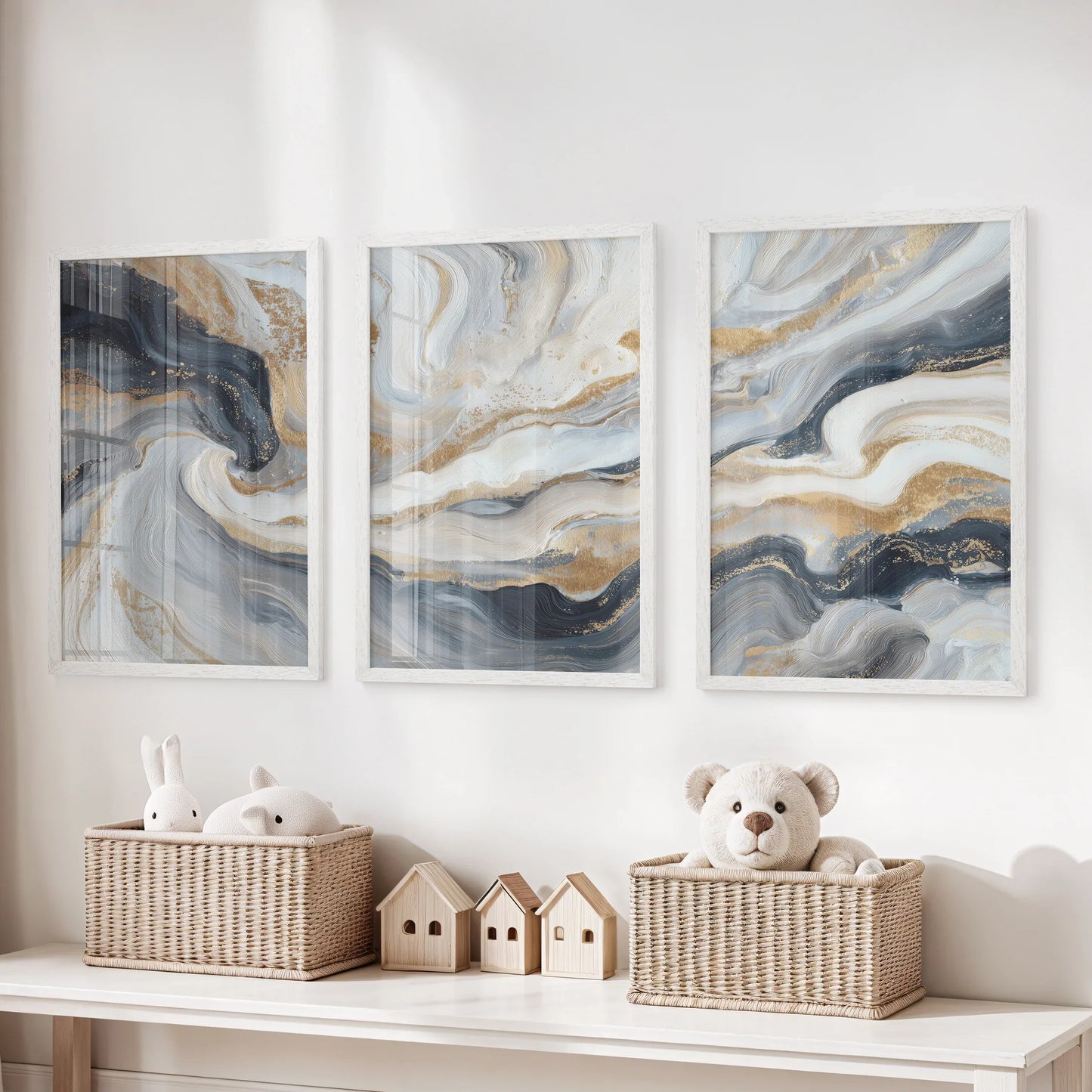 Marble Abstract Wall Art Set of 3 Navy Blue and Gold Prints