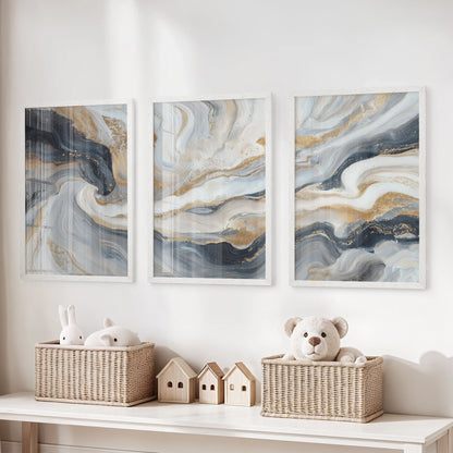 Marble Abstract Wall Art Set of 3 Navy Blue and Gold Prints