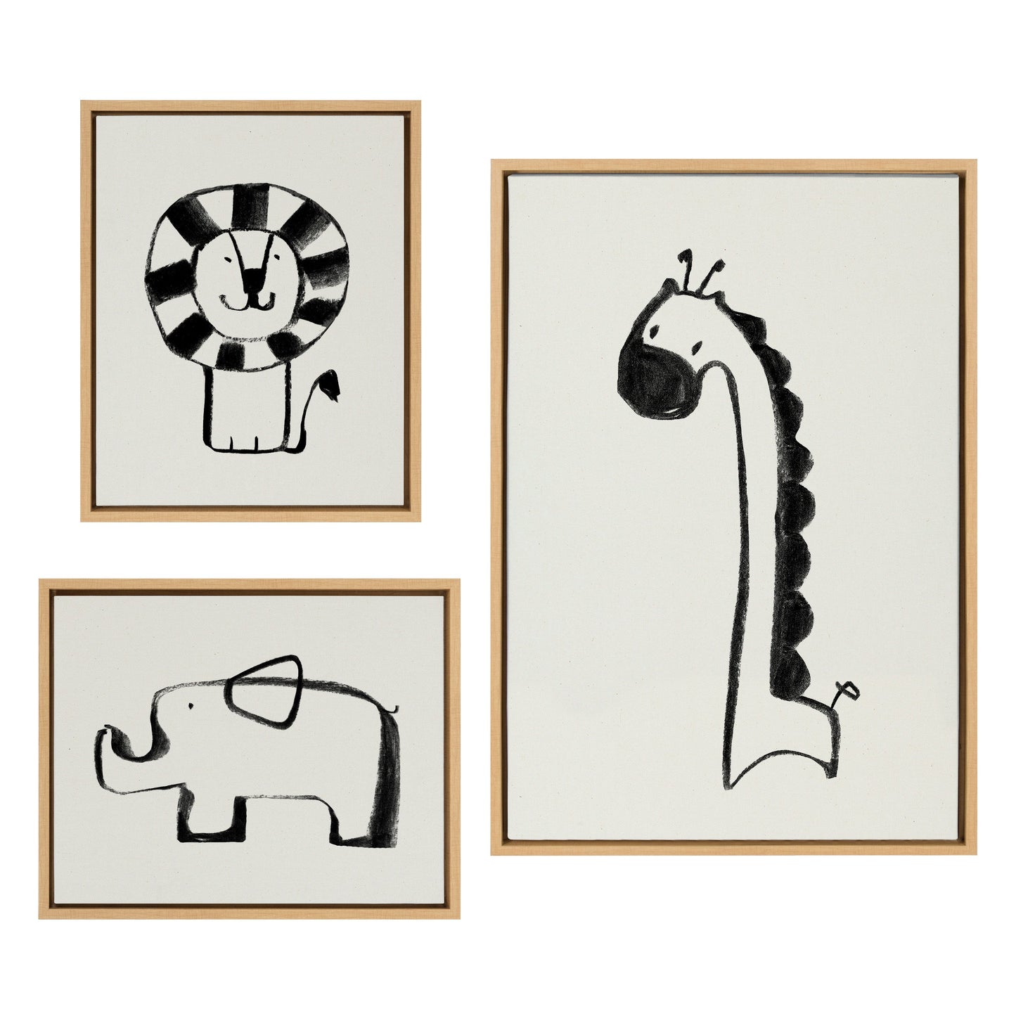 Giraffe, Lion and Elephant Black and White Canvas Set
