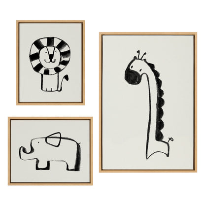 Giraffe, Lion and Elephant Black and White Canvas Set