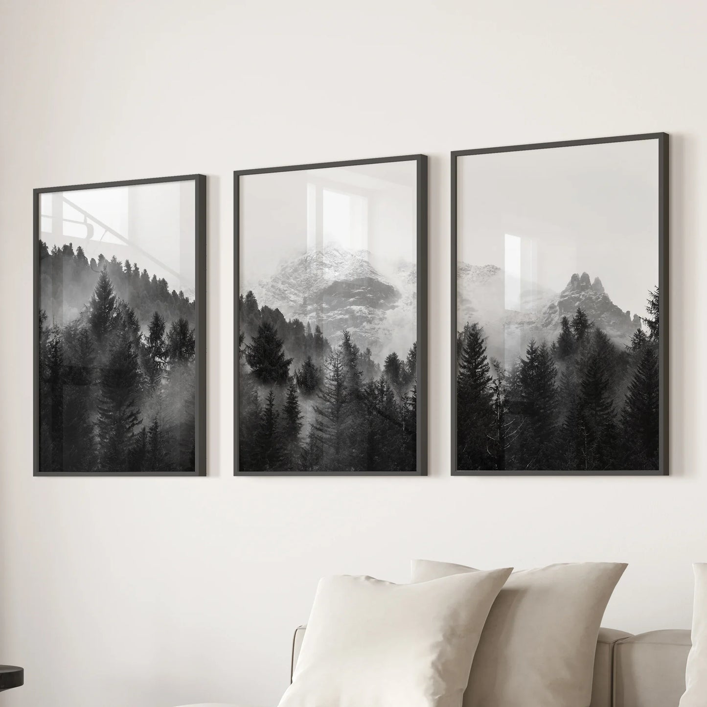 Black and white misty mountain forest wall art set of 3 prints