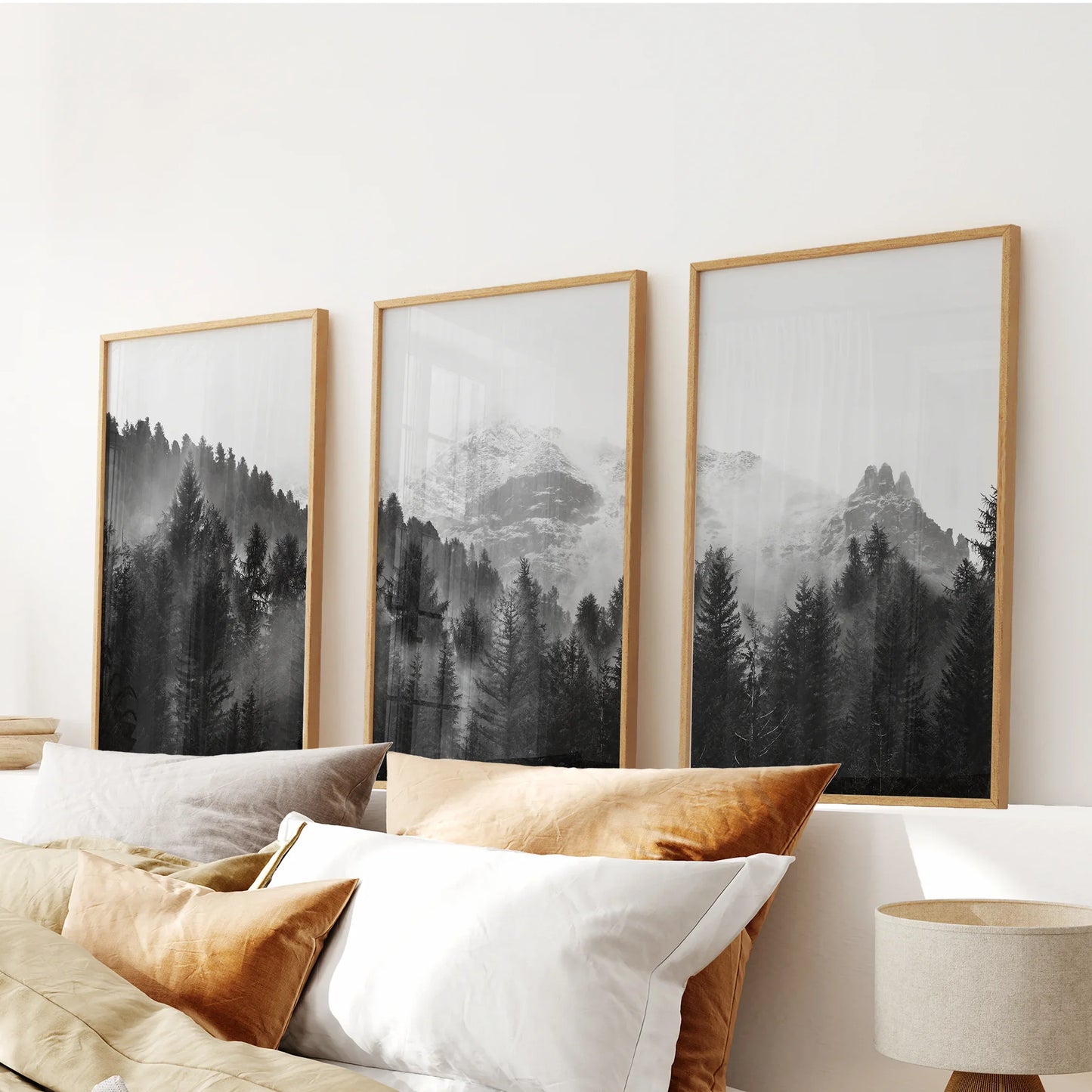 Misty Mountain Forest Wall Art Set of 3 Black and White