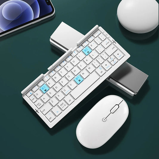 foldable bluetooth keyboard with phone stand open on desk