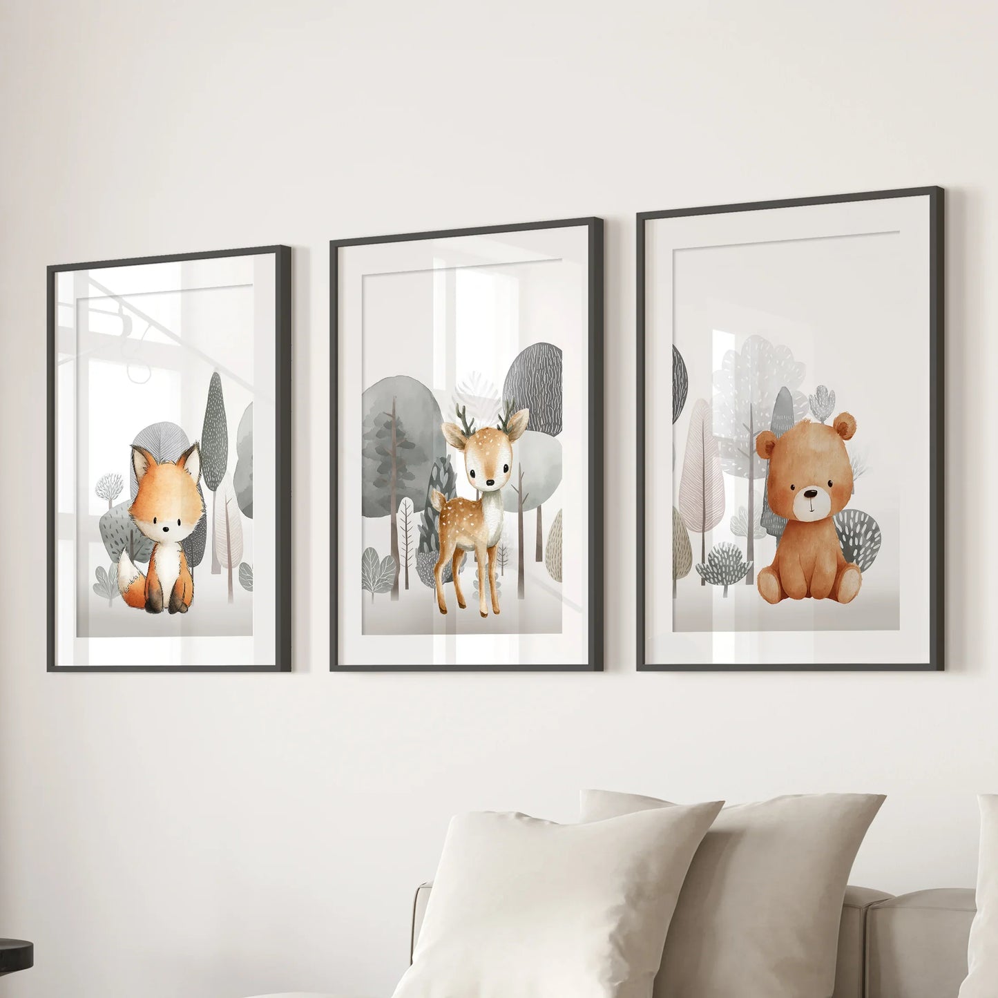 Woodland Animal Nursery Wall Art, Fox Fawn Bear Set of 3