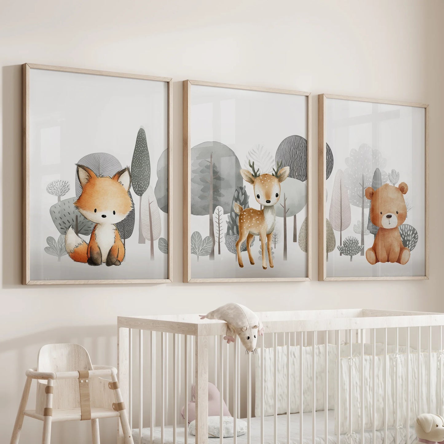 Woodland Animal Nursery Wall Art, Fox Fawn Bear Set of 3