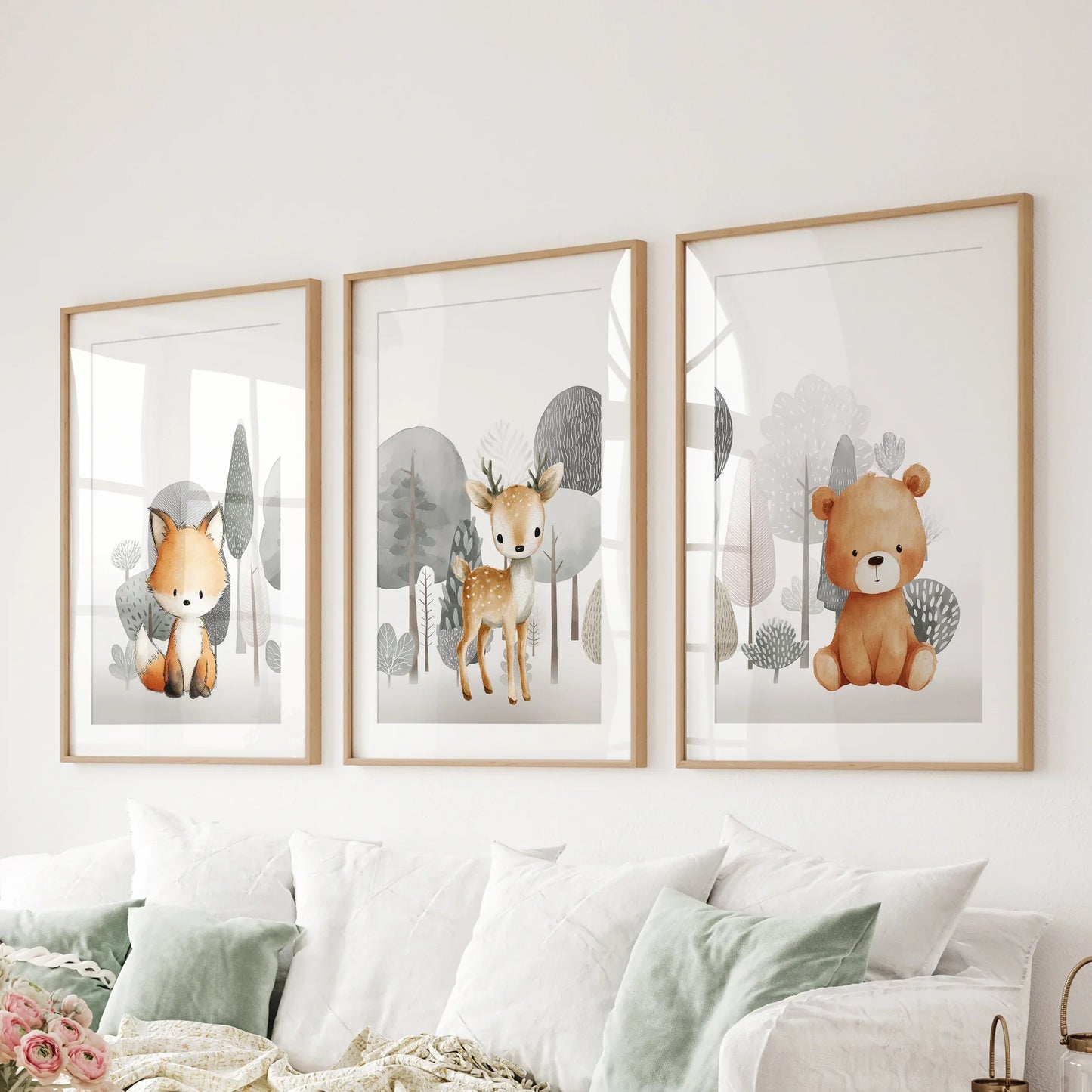 Woodland Animal Nursery Wall Art, Fox Fawn Bear Set of 3
