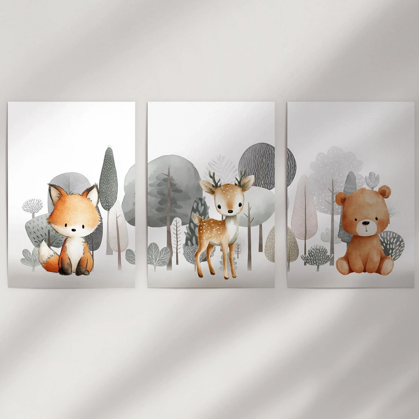 Woodland Animal Nursery Wall Art, Fox Fawn Bear Set of 3