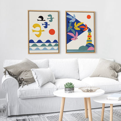 Sylvie Lighthouse Birds and Flock of Birds Framed Canvas Art Set by Rachel Lee of My Dream Wall
