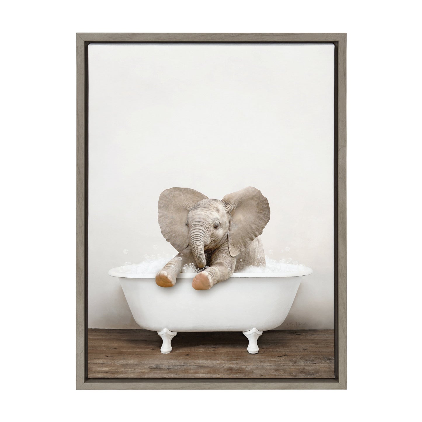 Baby Elephant in Rustic Bath Framed Canvas Wall Art