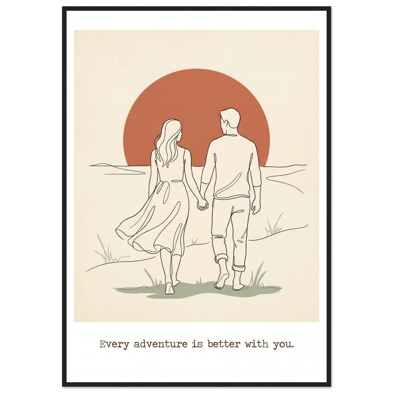 framed poster of a couple walking together with a red sun in the background and the text 'Every adventure is better with you.'