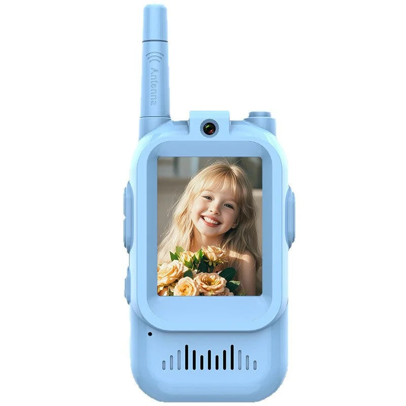 front view of blue kids walkie-talkie showing a clear child portrait on the screen
