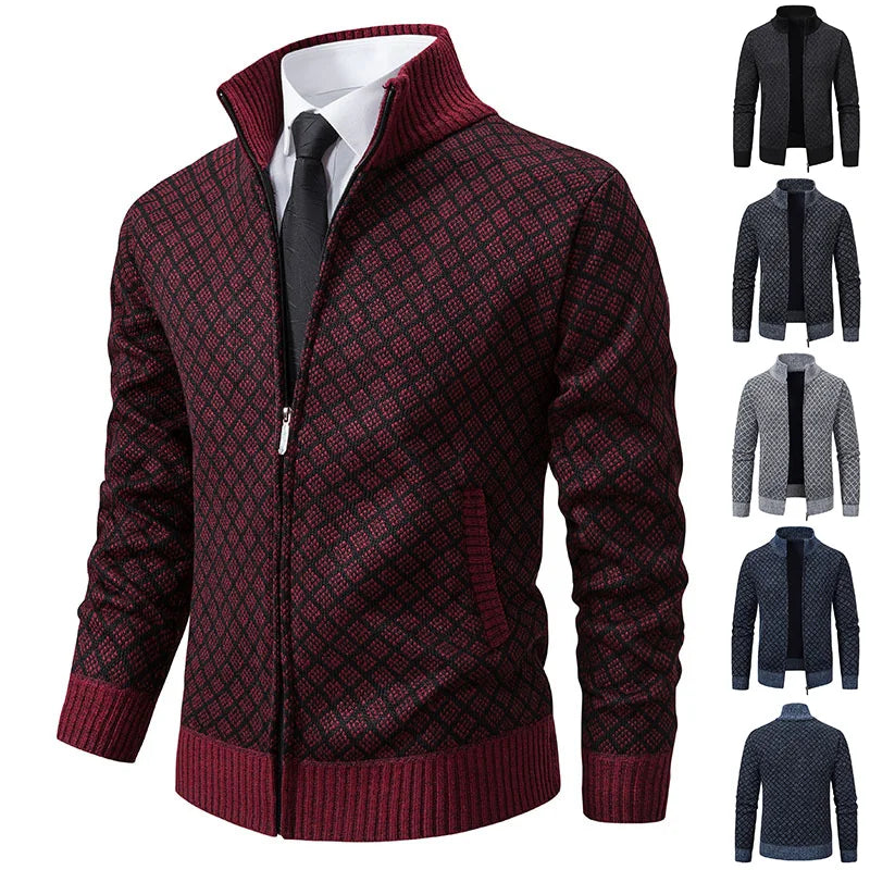 front view of men’s patterned knit zip sweater
