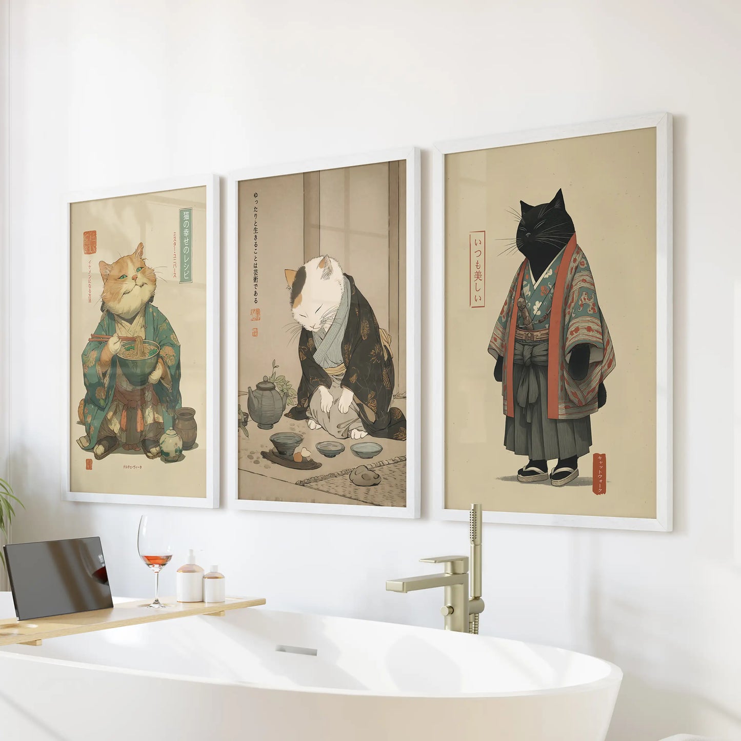Japanese Ukiyo-e Cat Wall Art, Tea Ceremony Set of 3