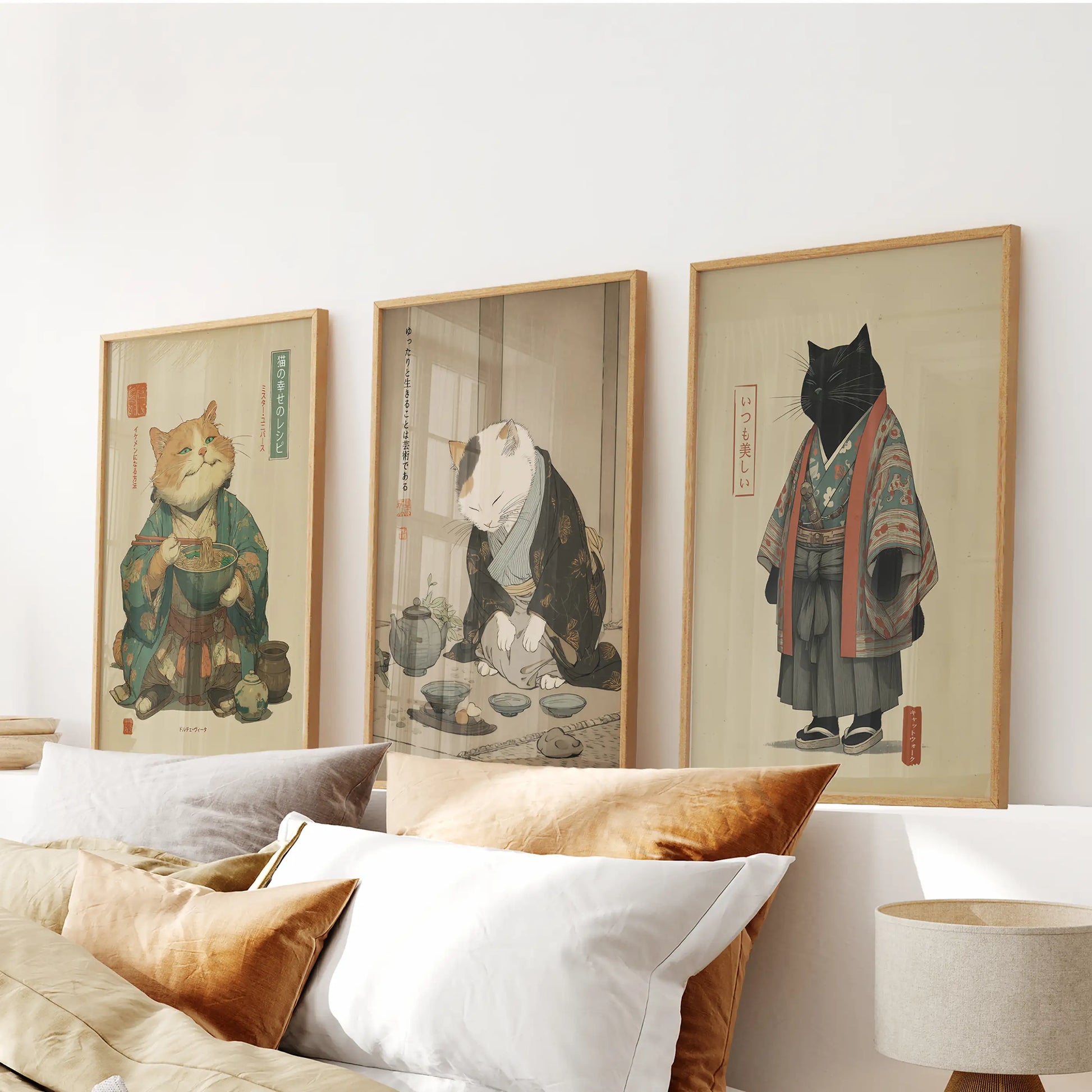 Japanese ukiyo-e style cat tea ceremony wall art set of 3