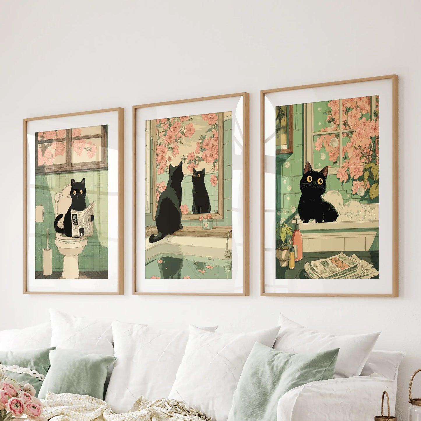 Funny Japanese Cat Bathroom Wall Art Set of 3