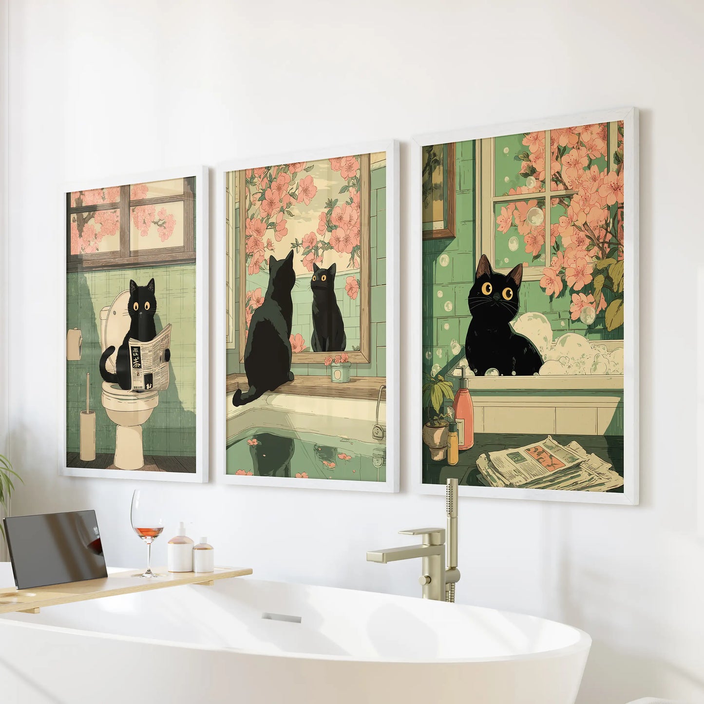 Funny Japanese cat bathroom wall art set of 3