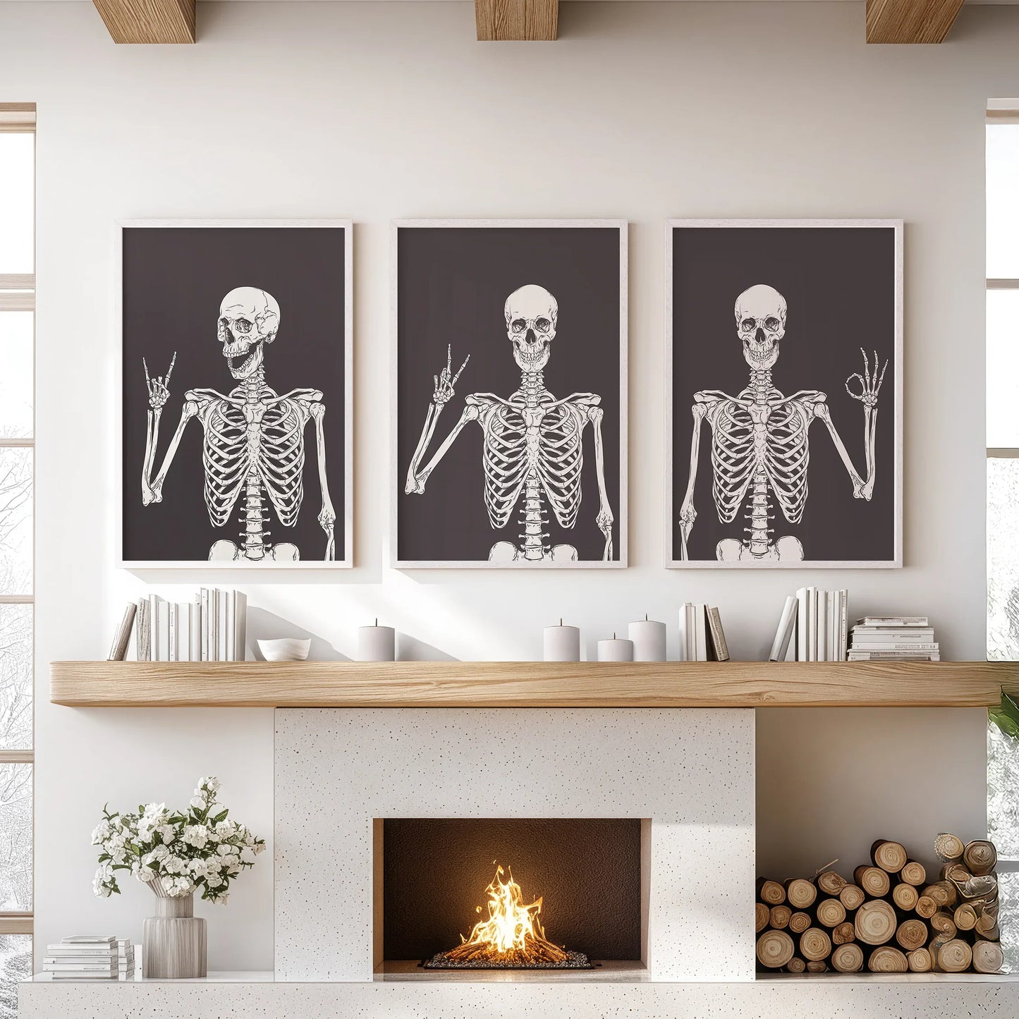 Skeleton Wall Art Set of 3 Black Gothic Prints