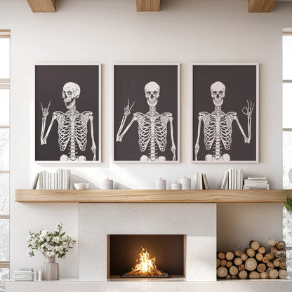 Skeleton Wall Art Set of 3 Black Gothic Prints