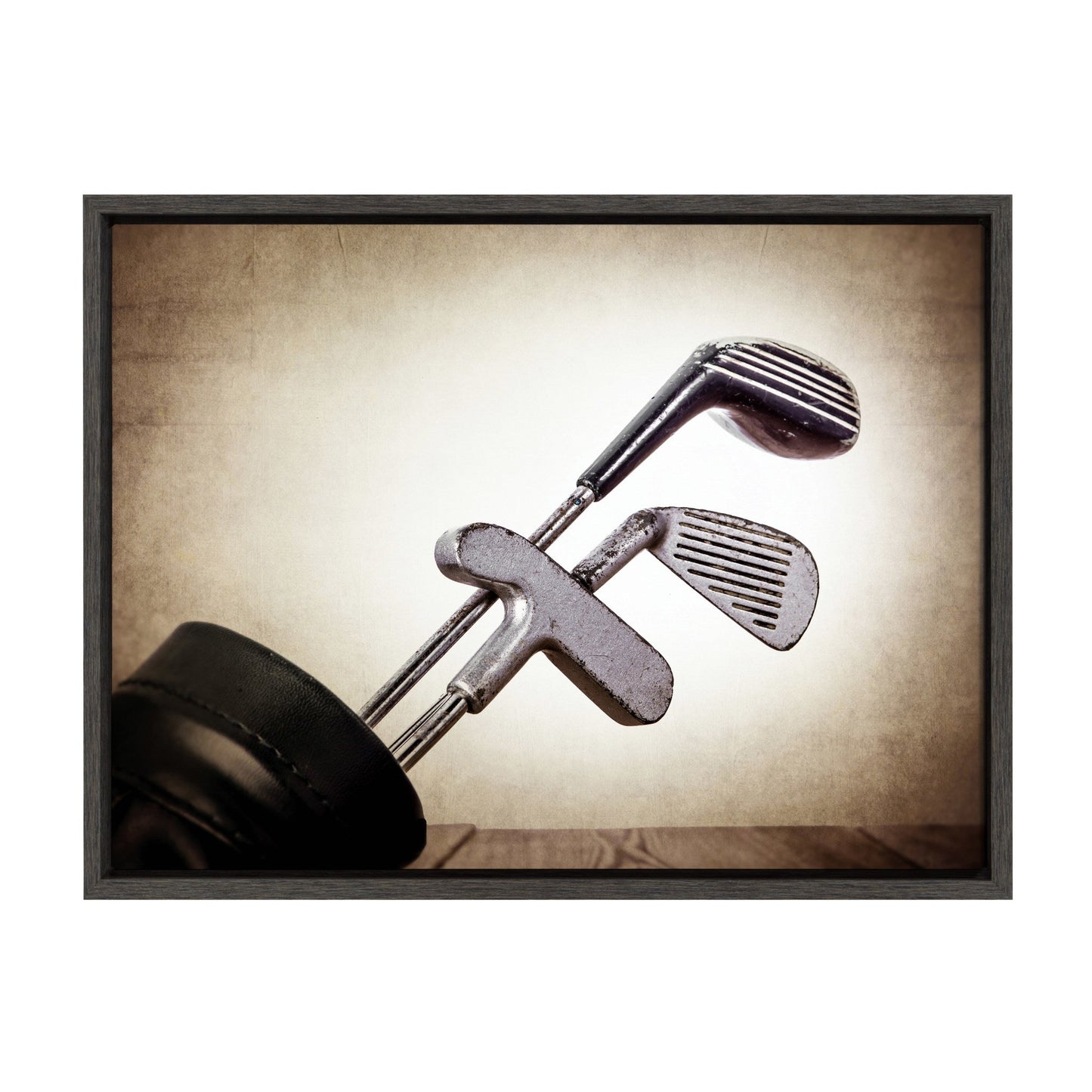 Vintage golf clubs framed canvas wall art in a gray frame, ready to hang