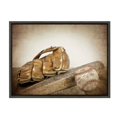Vintage baseball glove and bat framed canvas art in gray frame, easy to hang