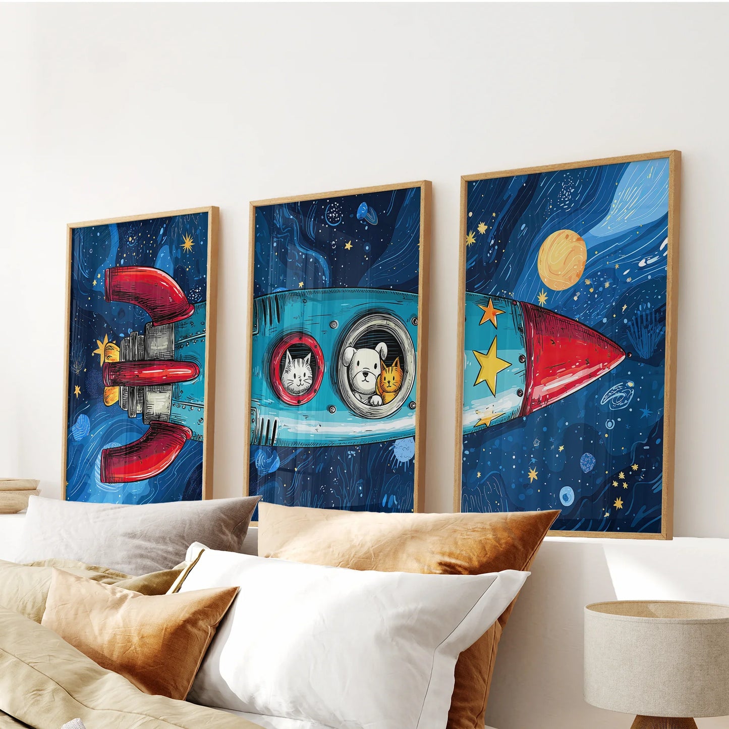 Outer Space Wall Art Set of 3 Rocket and Stars Nursery Prints