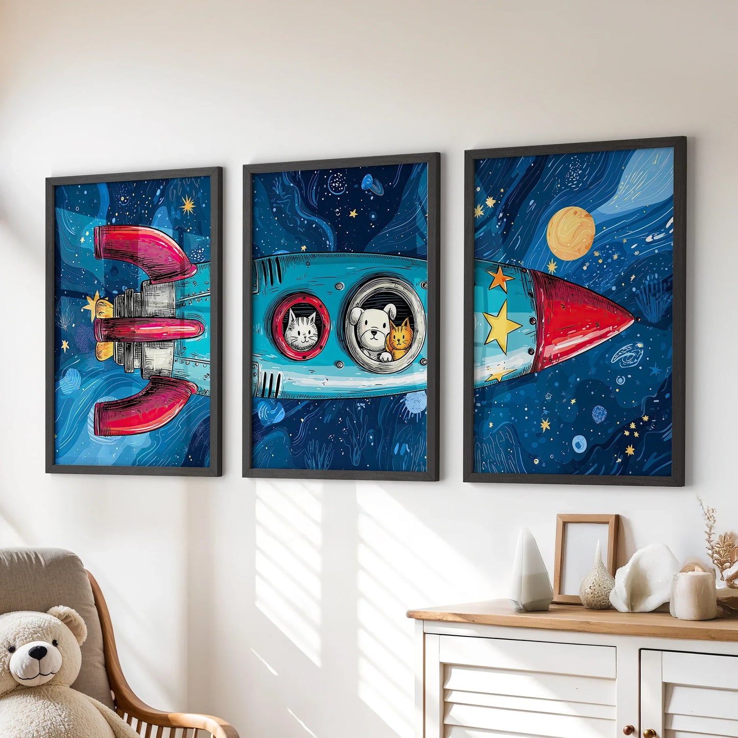Outer space rocket and stars nursery wall art set of 3 prints