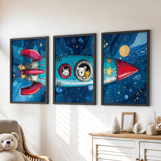 Outer space rocket and stars nursery wall art set of 3 prints