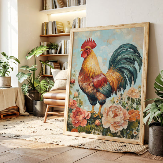 Sunlit rooster floral farmhouse wall art print in warm tones