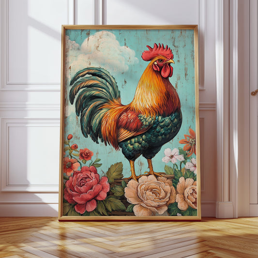 King Rooster floral farmhouse wall art print with roses