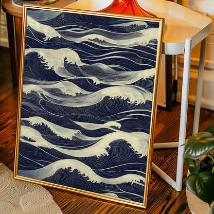 Ocean waves Japandi wall art print with gentle waves under a moonlit sky