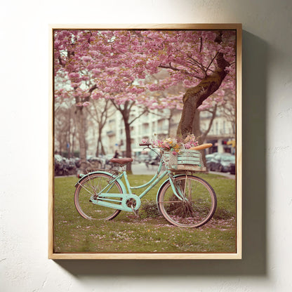 Cherry blossom bicycle spring wall art print with vintage bike in soft pastels